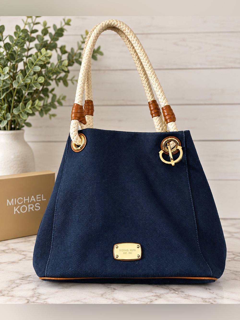 Michael Kors Marina Navy Canvas Rope Handle
Tote Bag Gold Hardware